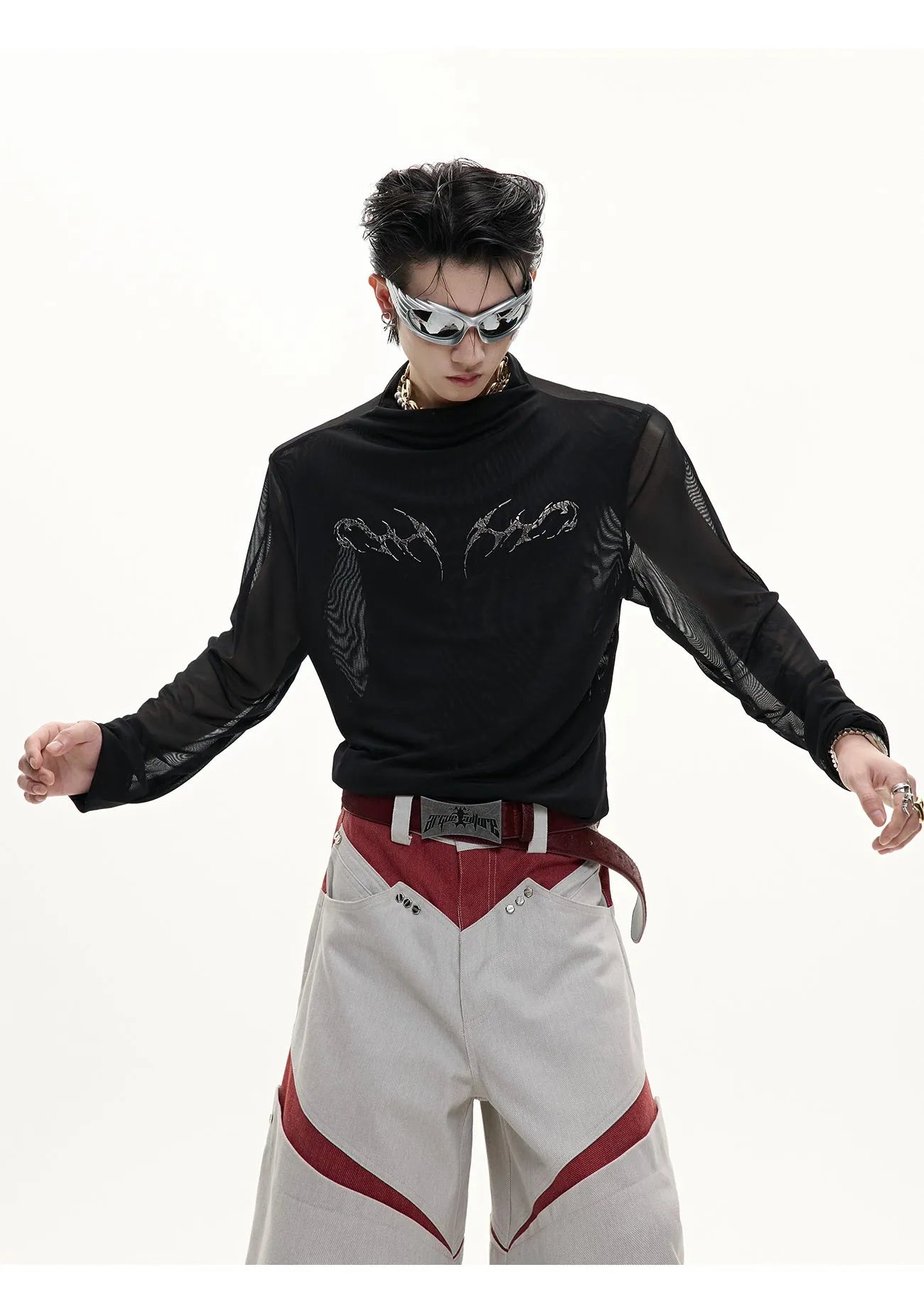 Men's black mesh long-sleeve shirt with a slim, close-fitting bottoming cut on a model.
