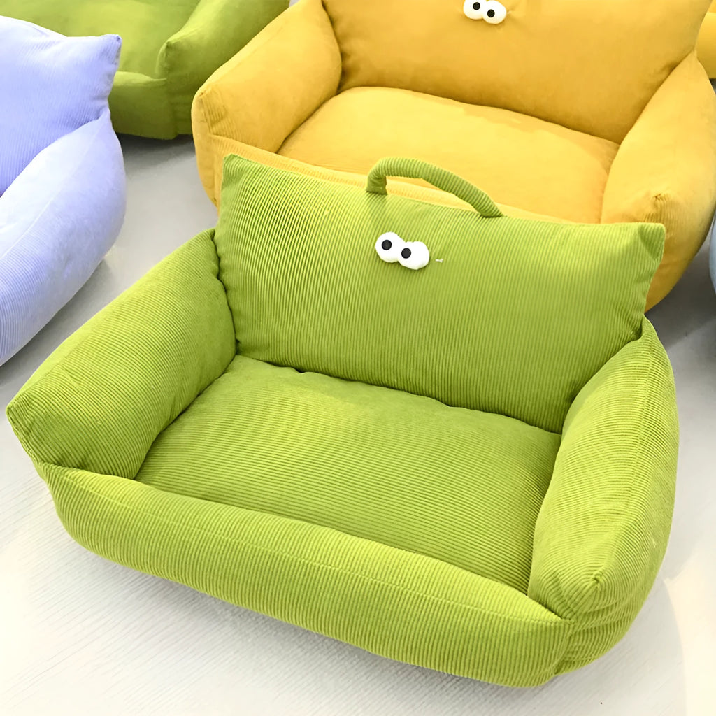 Cartoon big eyes pet bed cushion in blue colour, measuring approximately 60cm by 45cm