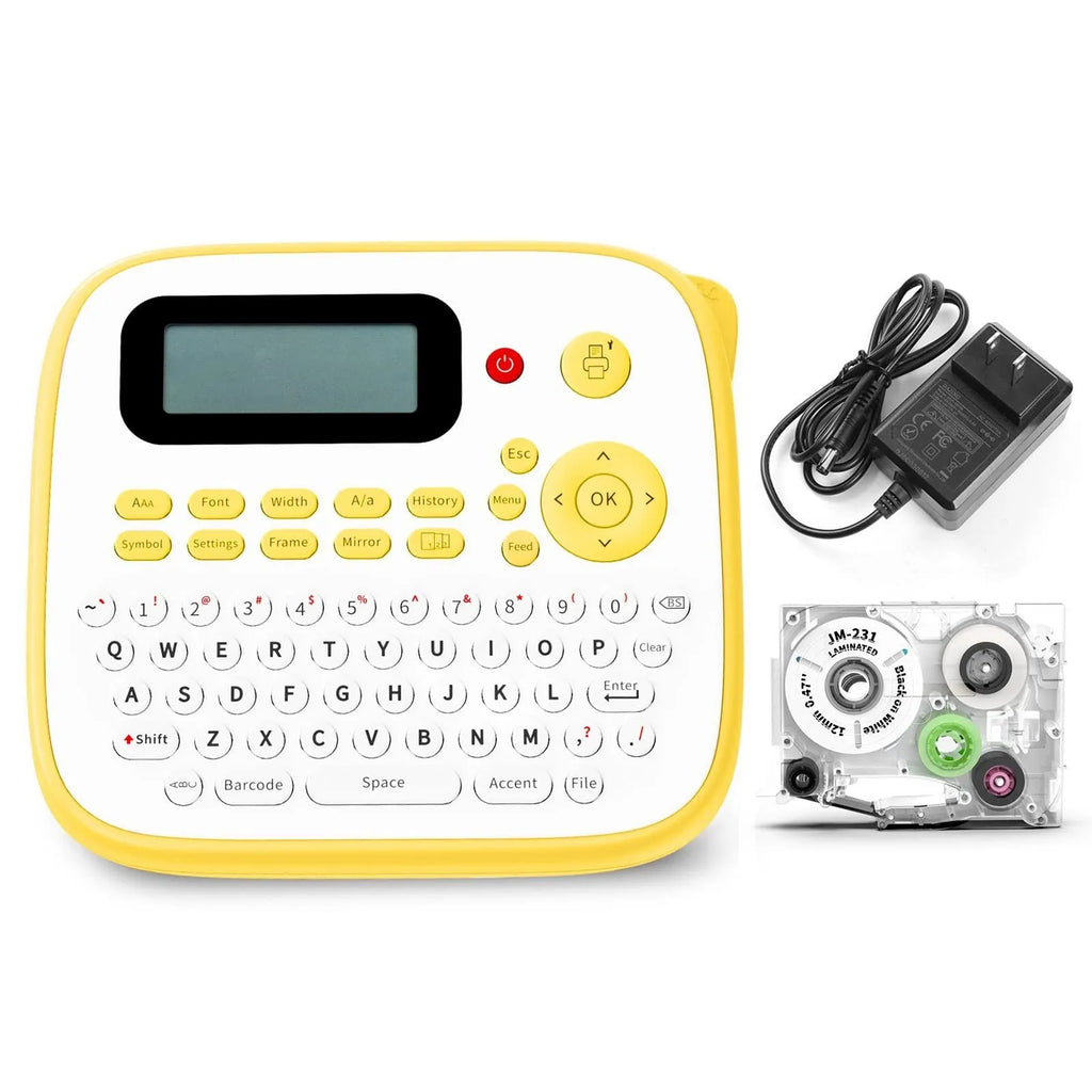 Mini portable label printer in pink or yellow with JM-231 black on white label tape, AC adapter, and replacement cutter holder