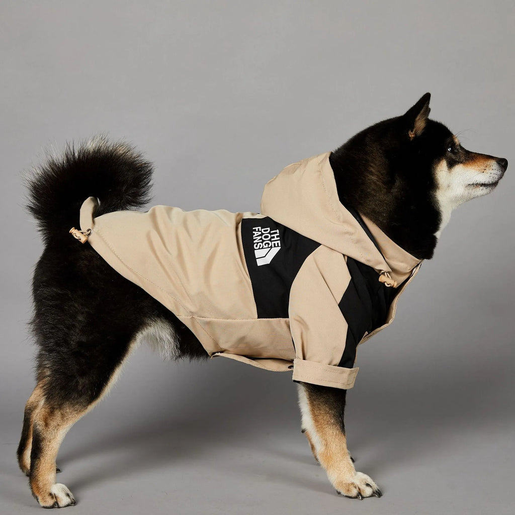 Khaki polyester dog shell jacket showing simple design for canine weather protection
