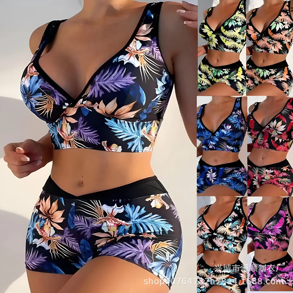 Women's two-piece swimsuit set with printed boxer-style briefs and sleeveless top in a multi-colour design.