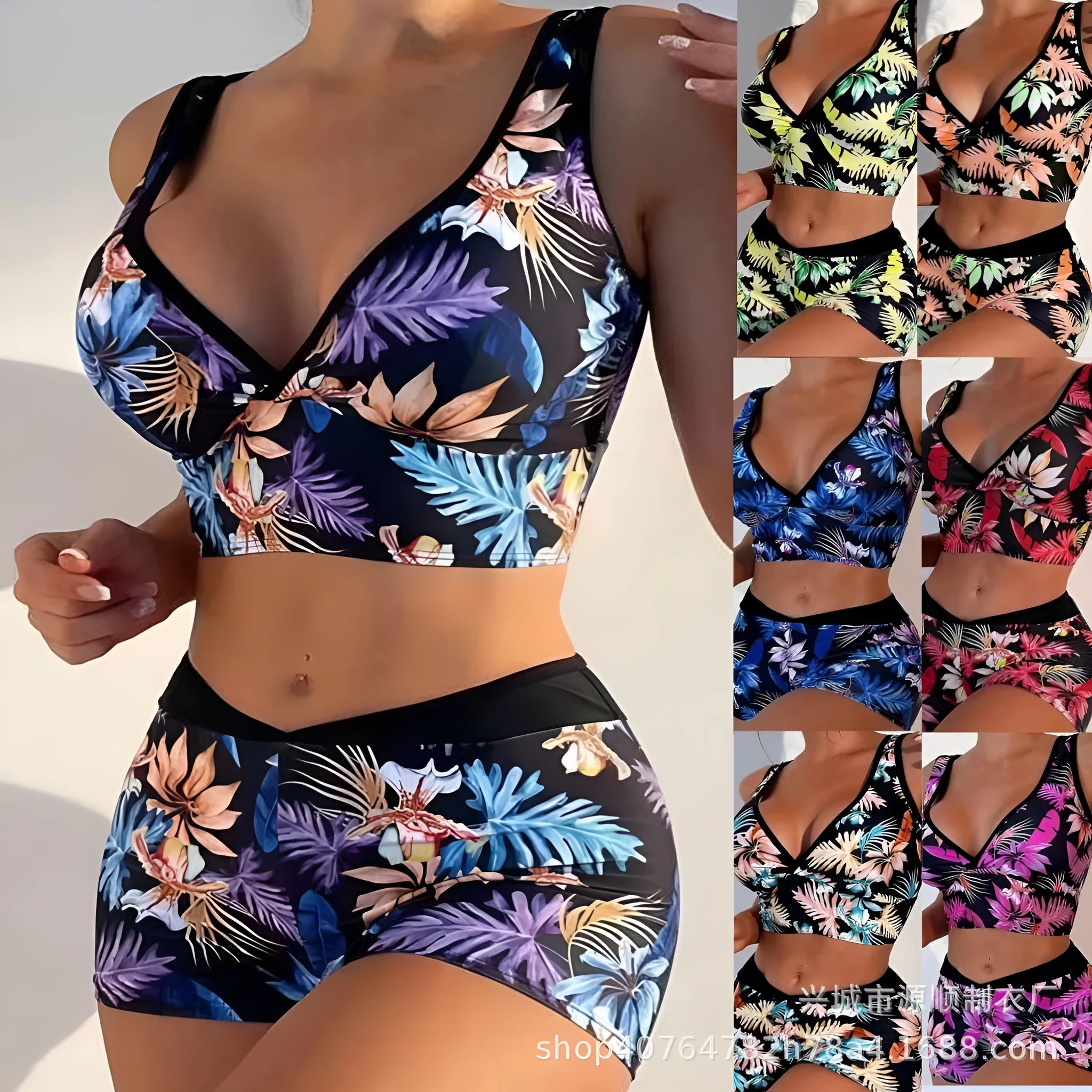 Women's two-piece swimsuit set with printed boxer-style briefs and sleeveless top in a multi-colour design.