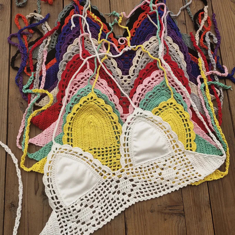 Women's acrylic bikini swimsuit top shown in multiple colours including white, pink, blue, and lake blue.
