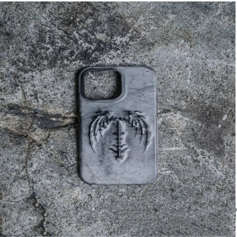 Retro gothic cowhide leather phone case with embossed vampire bat wing pattern, half-covered edge, for iPhone 12-17 series, Apply Red colour