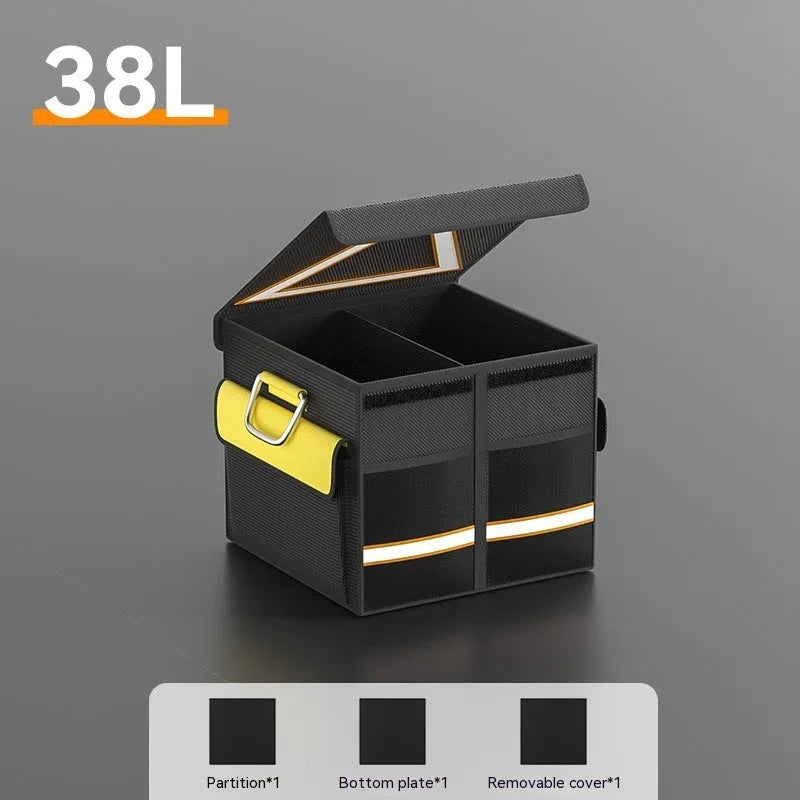 Black and yellow foldable fabric car boot storage organiser bag with a handle.