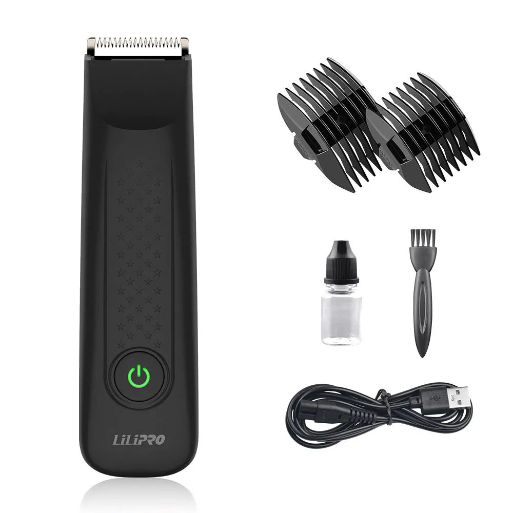 Men's black full-body waterproof electric shaver with ceramic blade and comb attachments
