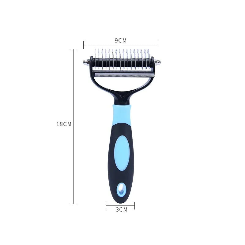 Plastic dual purpose pet comb for removing floating hair and dead knots from dogs and cats, available in blue