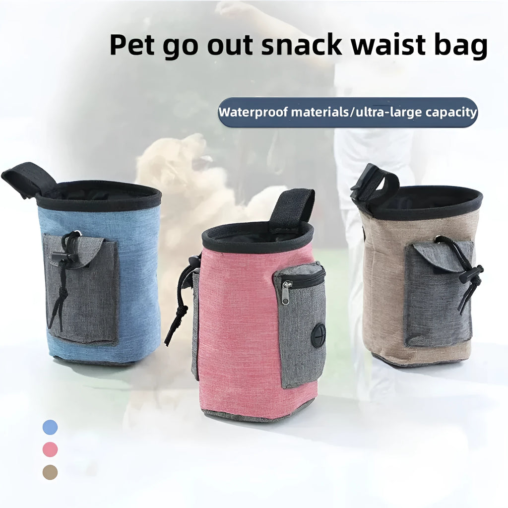 Adjustable elastic pet waist bag in blue colour with waterproof cloth compartments and plastic side clips