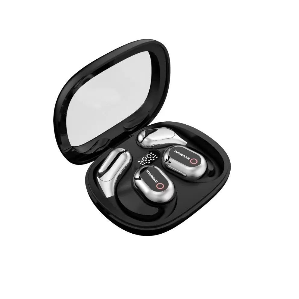 Simultaneous interpretation Bluetooth headset in black with AI translation, noise reduction, ear hook, and charging bin.
