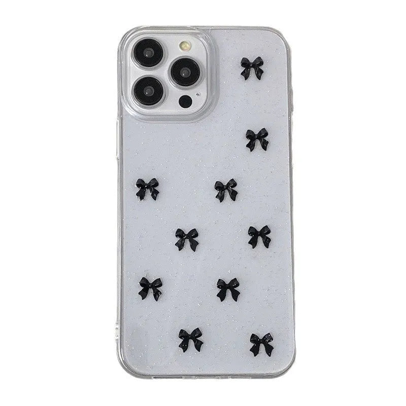 Epoxy glitter bow silicone iPhone case in white, black, purple, or red for iPhone 11 to 16 Pro Max.