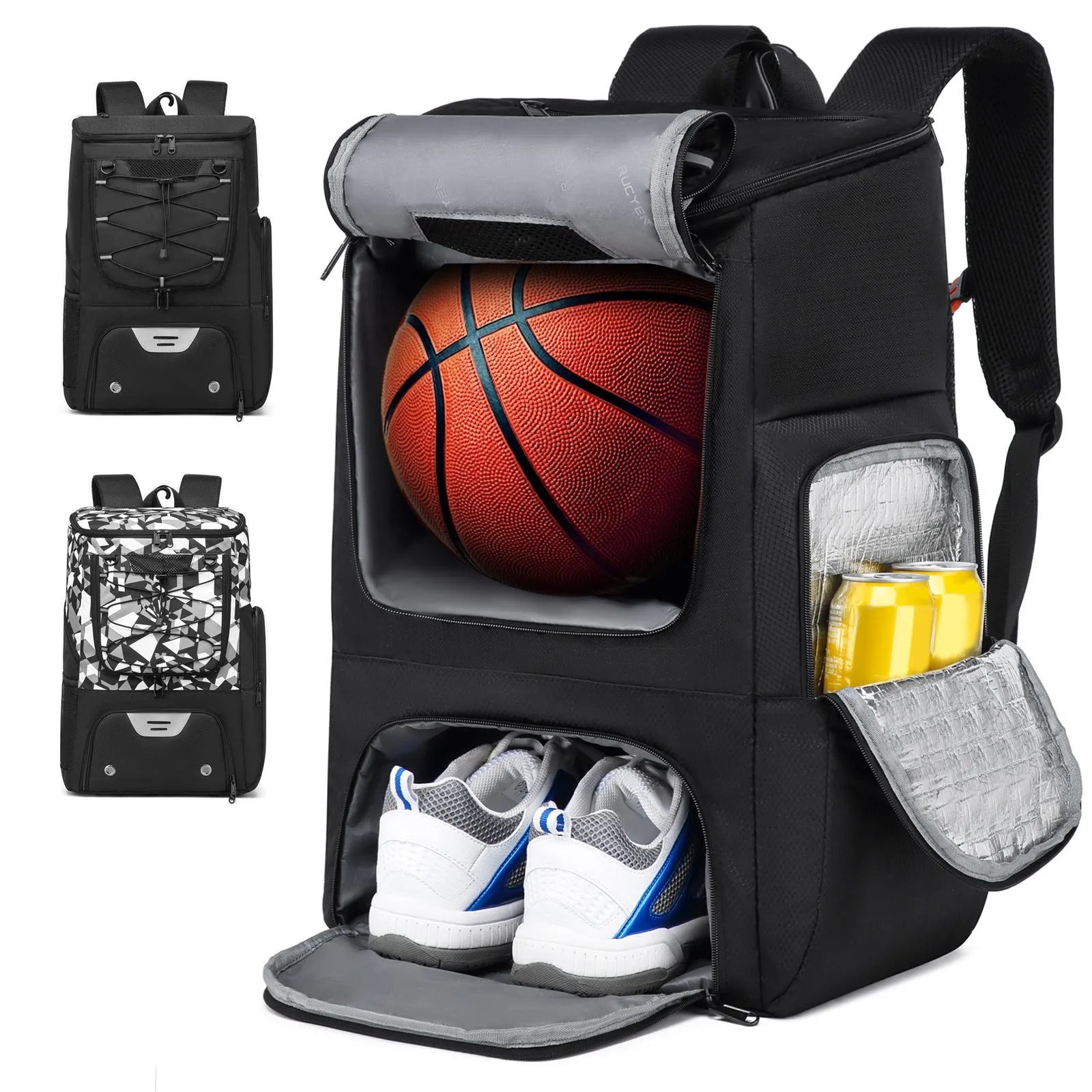 Black Oxford cloth basketball training backpack with large capacity for sports equipment
