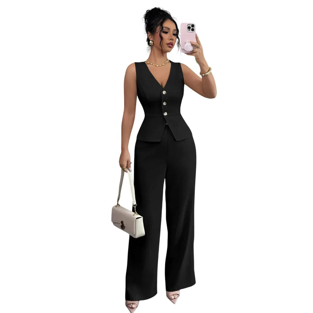 Women's sleeveless vest and high-waist trousers two-piece set in solid colour on mannequin