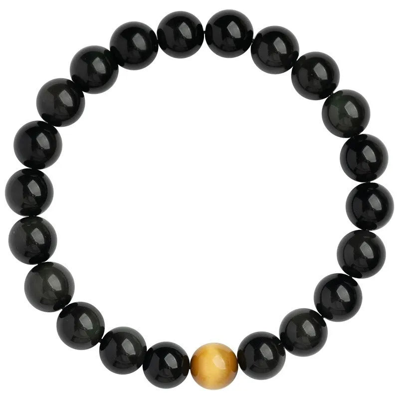 Geometric cut black obsidian stone bracelet showing 6mm, 8mm, and 10mm size beads.