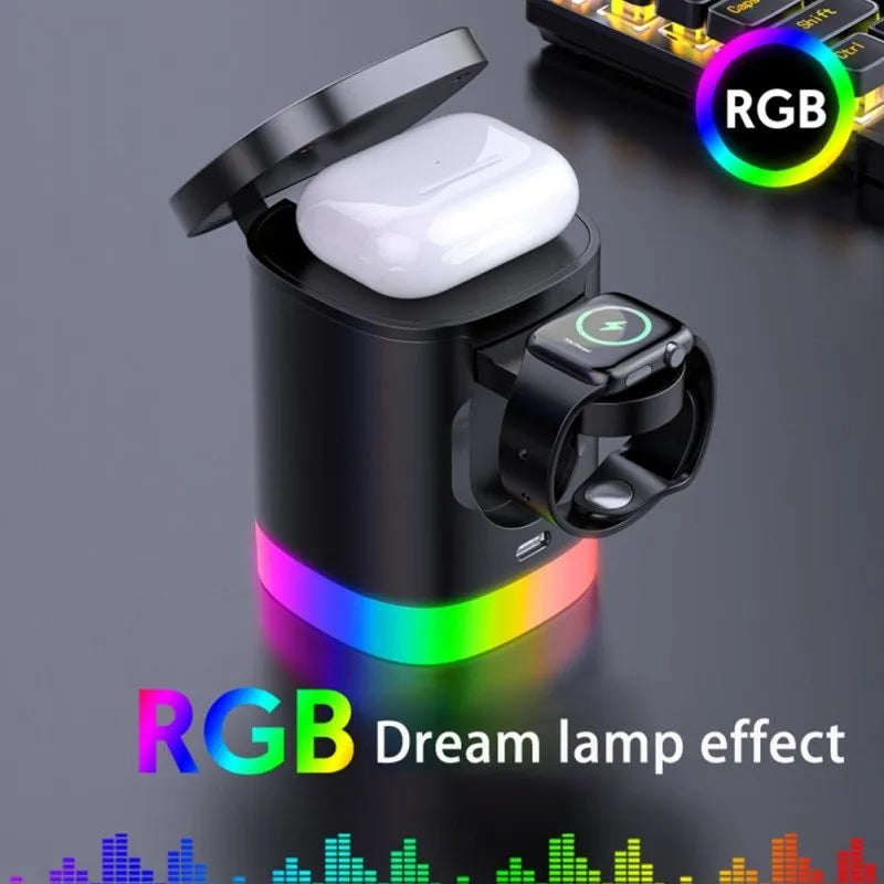 Black foldable 3 in 1 wireless charging station showing phone, watch, and earbuds charging simultaneously with RGB light