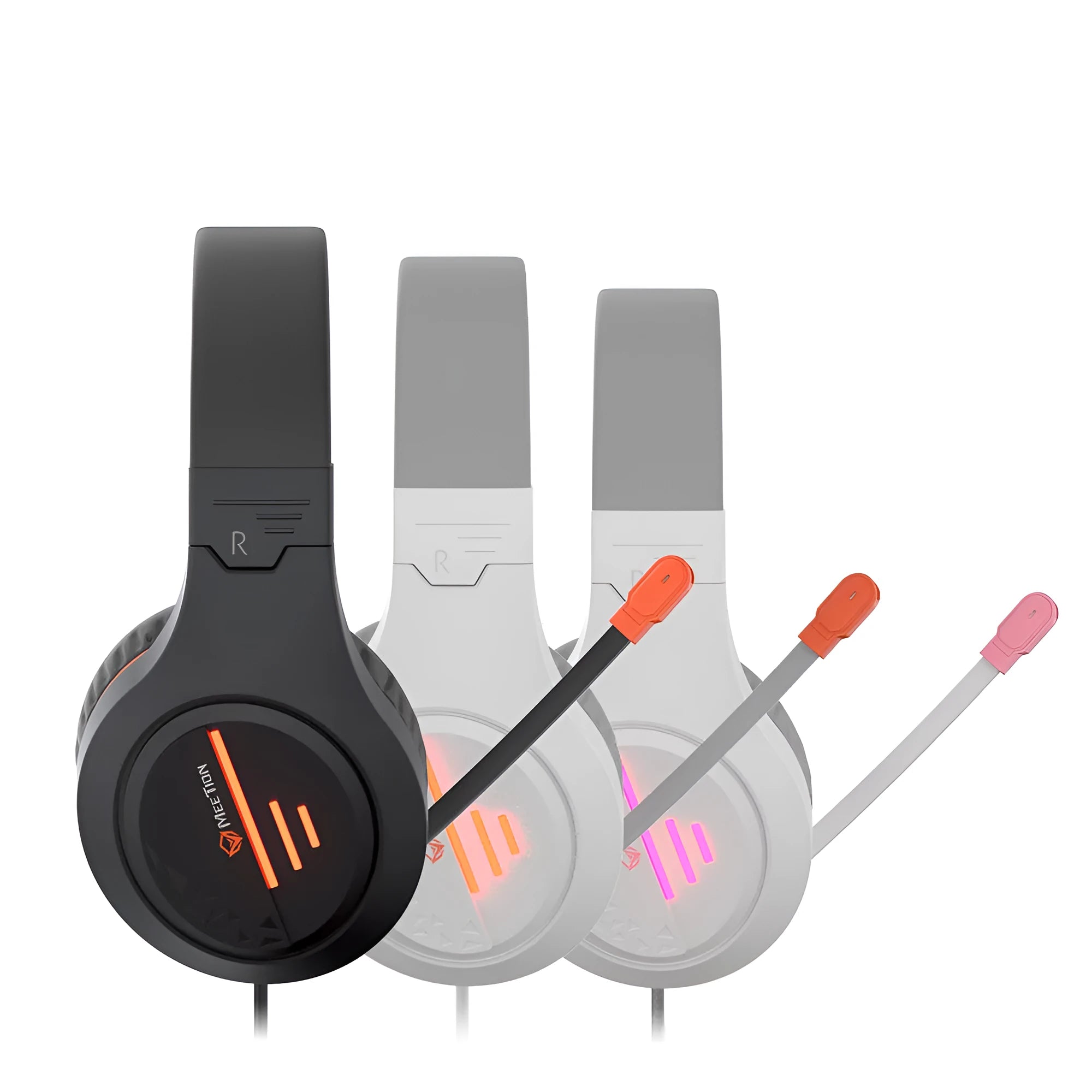 Wired gaming headset with black and orange colour scheme showing adjustable headband and 50mm ear cups