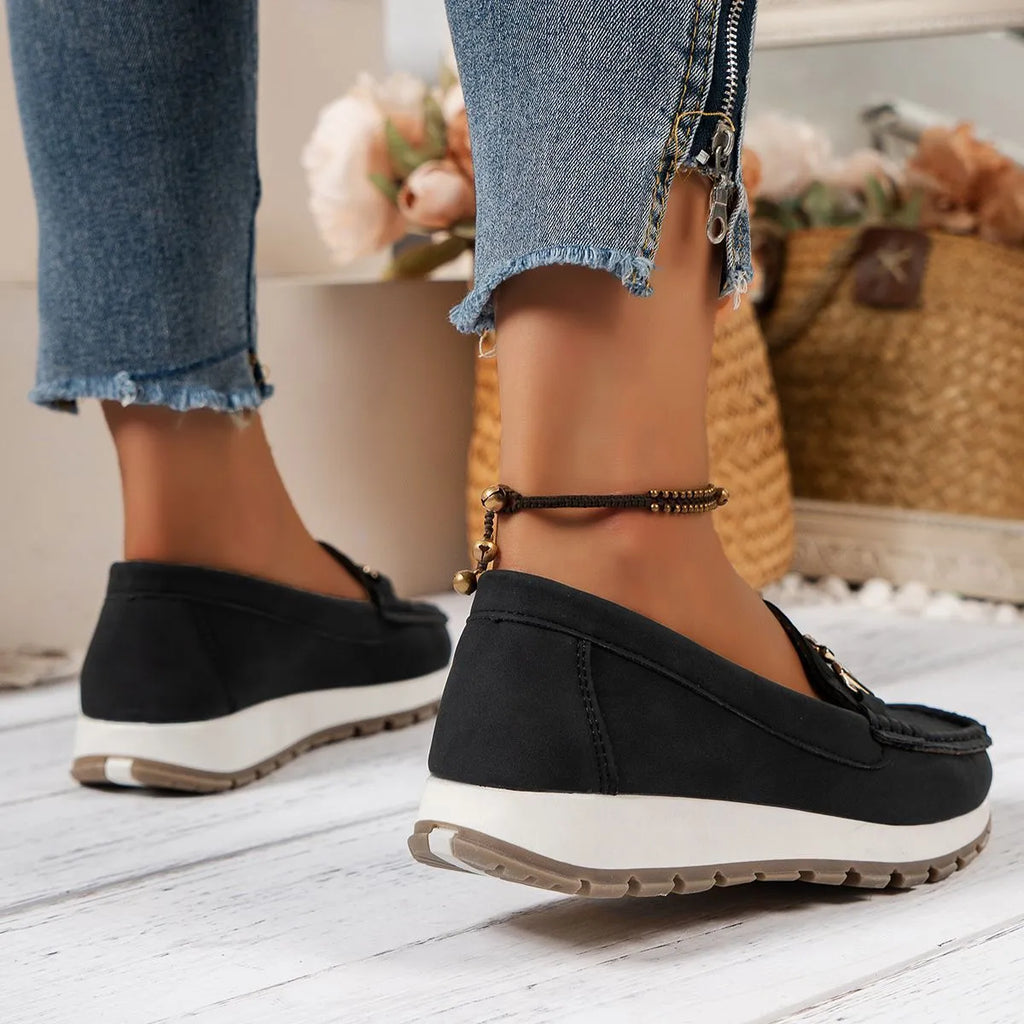 Women's non-slip soft bottom loafers in black or beige, PU upper, round toe, sizes 36-41