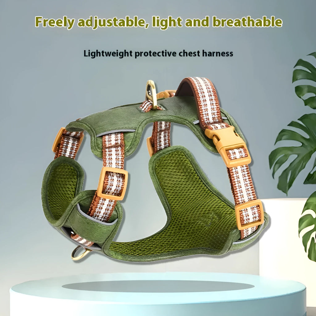 Brown leather dog harness with reflective strips and D-ring attachment on wooden background