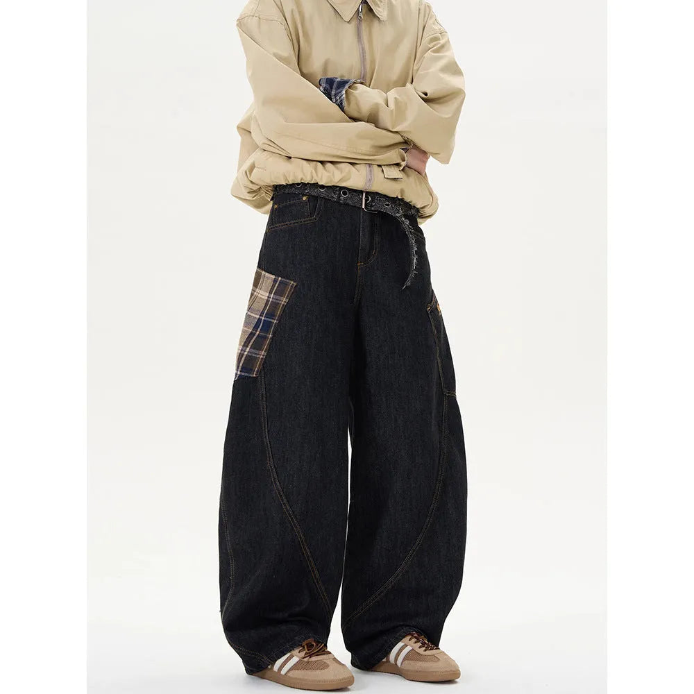 Women's loose retro straight-leg casual trousers in a red plaid pattern, made from cotton.