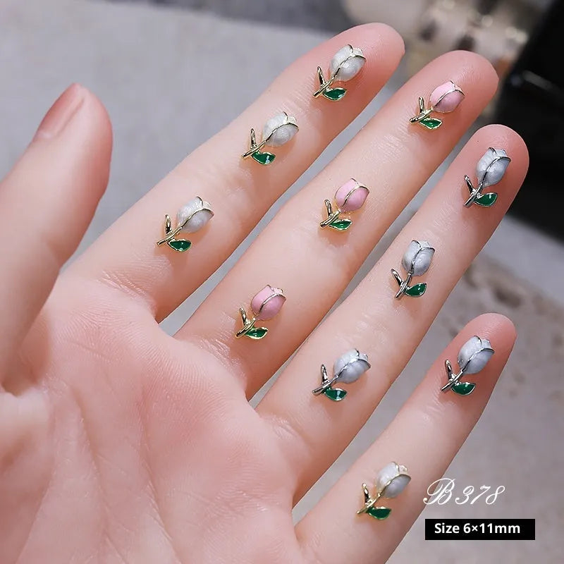 Three-dimensional tulip fingernail decoration made from alloy in solid colour style on a nail