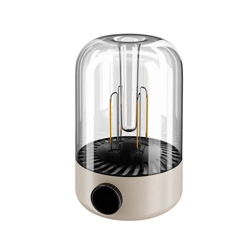 Beige and black camping ambience light with control knob and USB port for charging 18650 batteries
