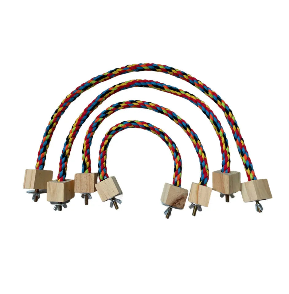 Parrot climbing rope toy with wooden swing rings on natural wood rope, 30-60cm length options