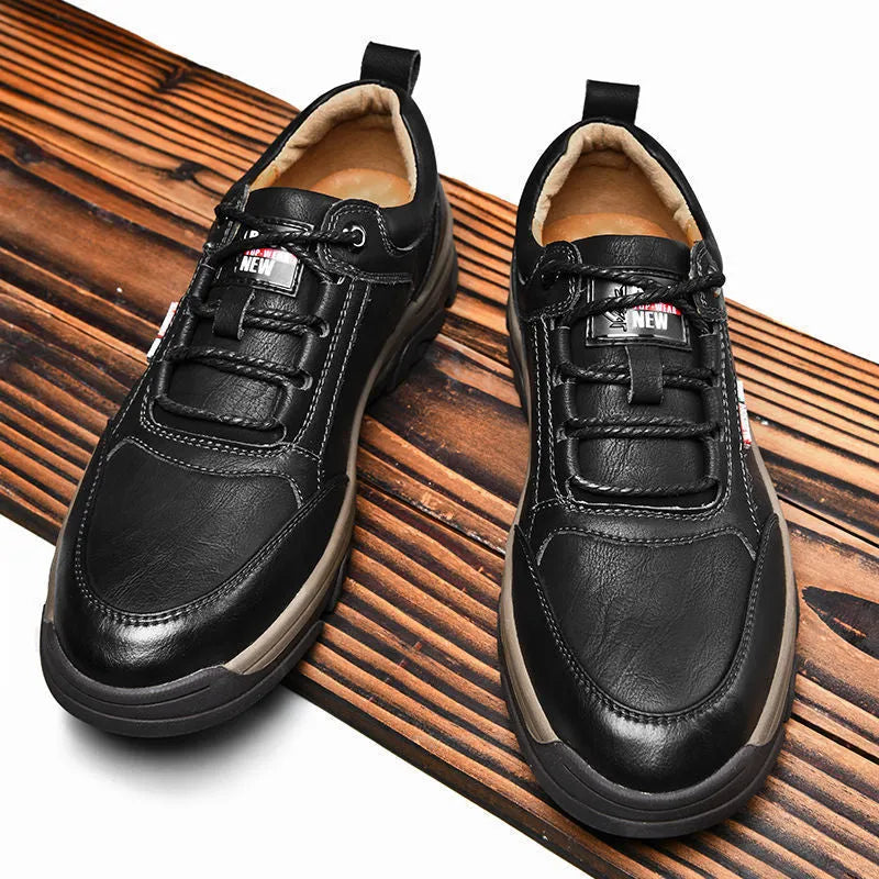 Men's British style round toe leather shoes in black or brown with rubber sole, leather stitching, and front lace-up
