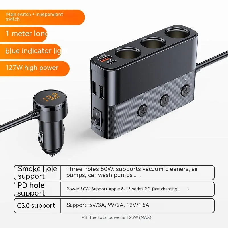 C28 Black vehicle cigarette lighter power adapter with USB and PD ports, 1 metre cable