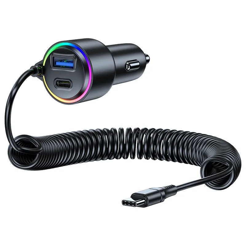 Black T26 75W USB-C car charger with spring wire, 5A Type-C fast charging adapter for vehicle socket