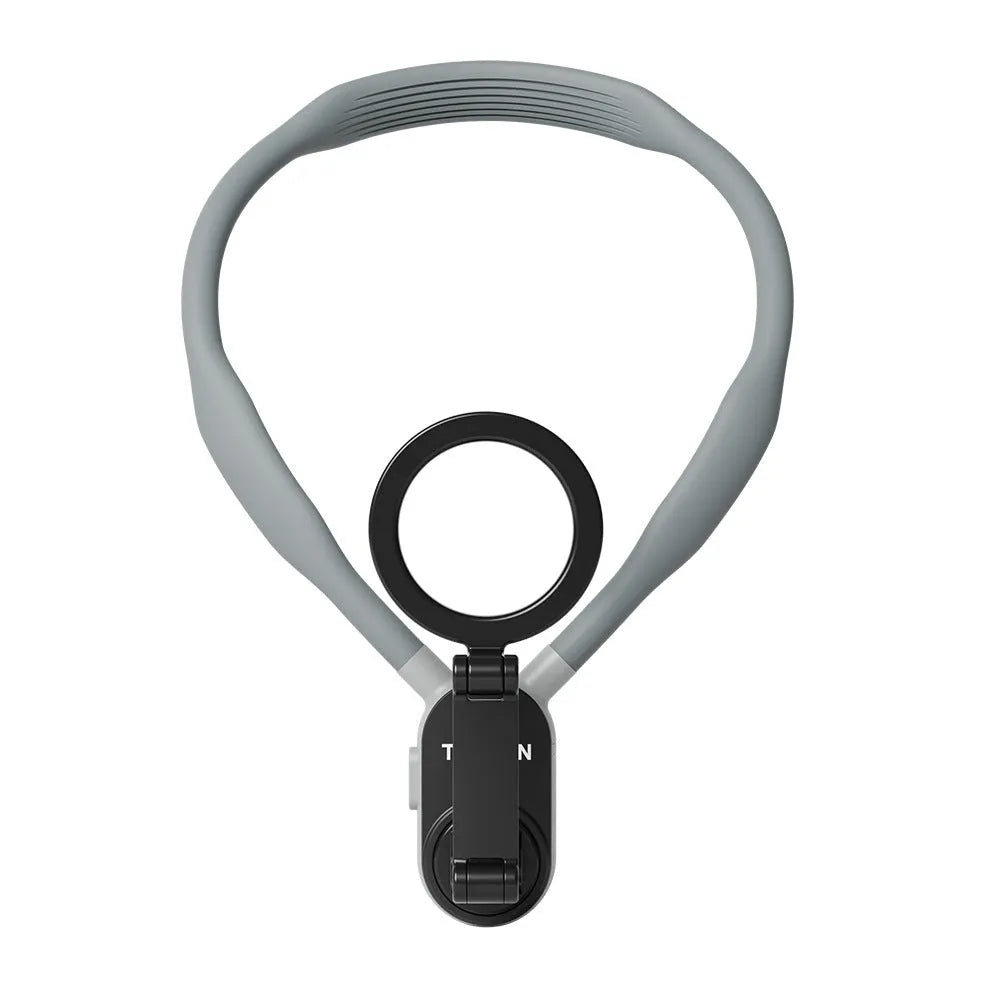 Grey silicone magnetic phone neck mount showing phone attached vertically with anti-release safety rope