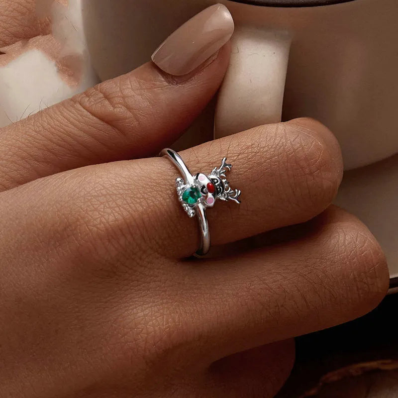 Christmas Reindeer Open Ring 925 Sterling Silver, Women, Adjustable US Size 8, Platinum Plating, Zircon