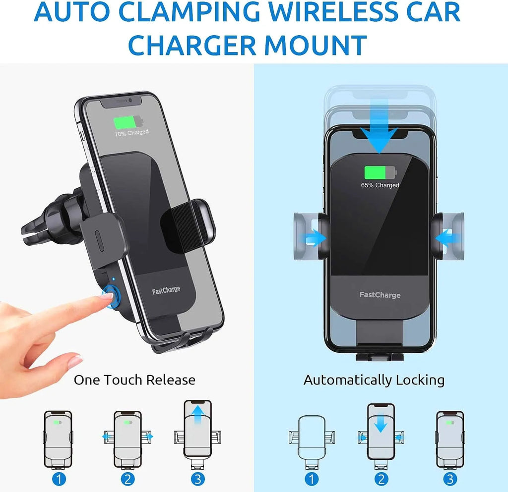 Black car wireless charging stand with 15W fast charging, shown with air vent clip and dashboard tripod mounting options.