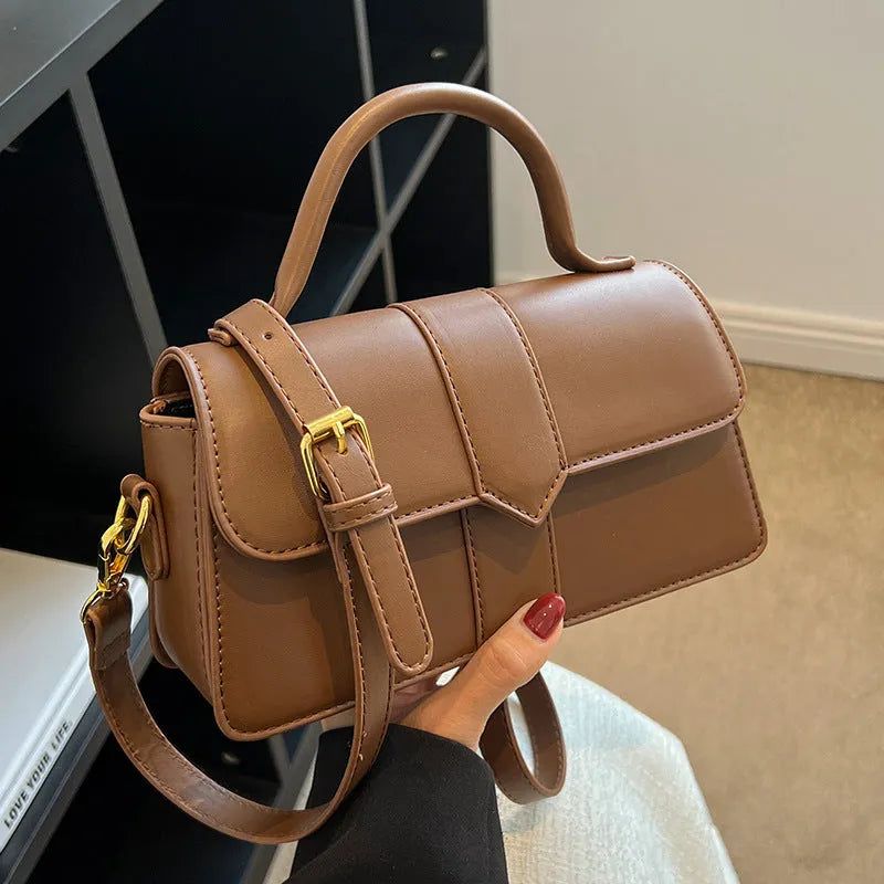 Women's beige PU leather messenger bag with sandwich pocket and horizontal square design