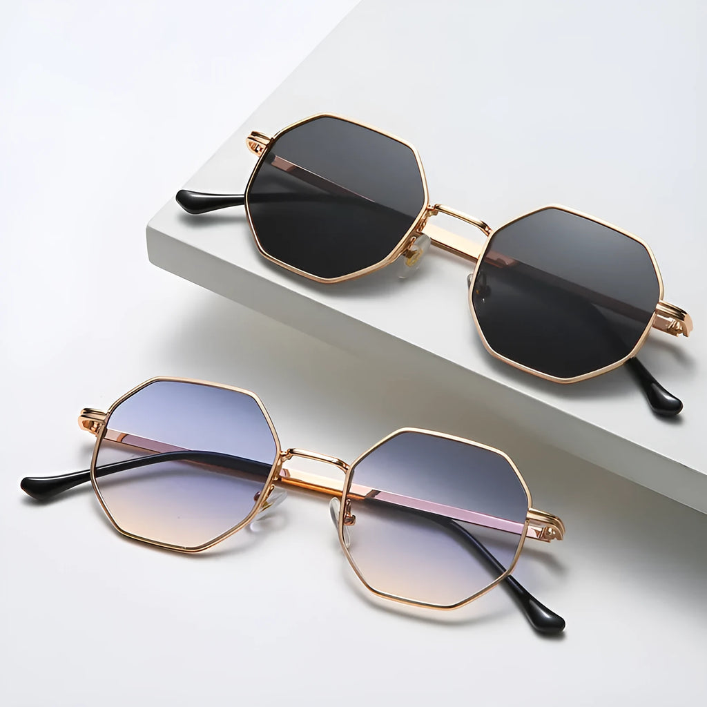 Classic vintage metal multilateral sunglasses with gold frame and black grey PC lenses