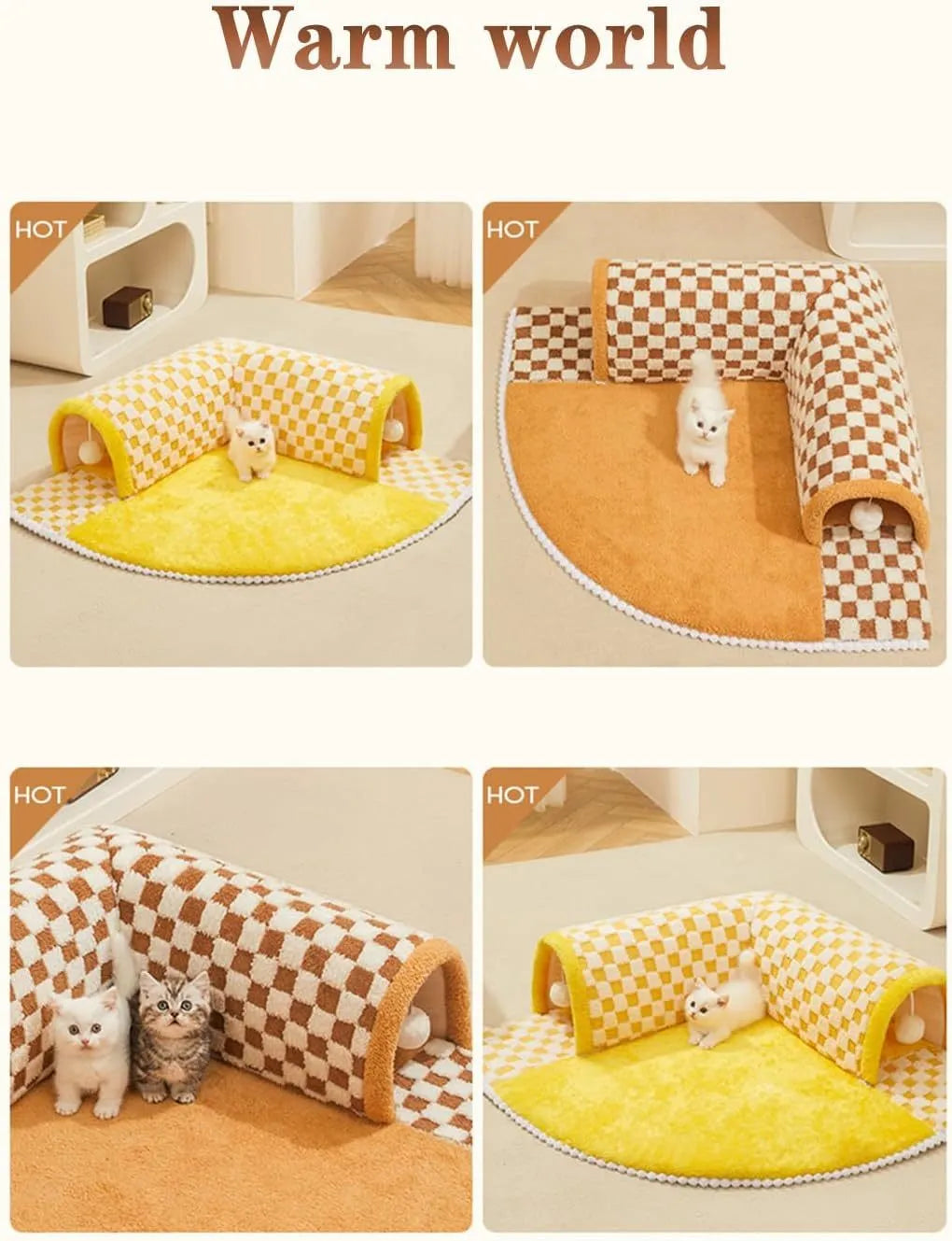 Brown plaid collapsible cat tunnel bed with central mat on a wooden floor.