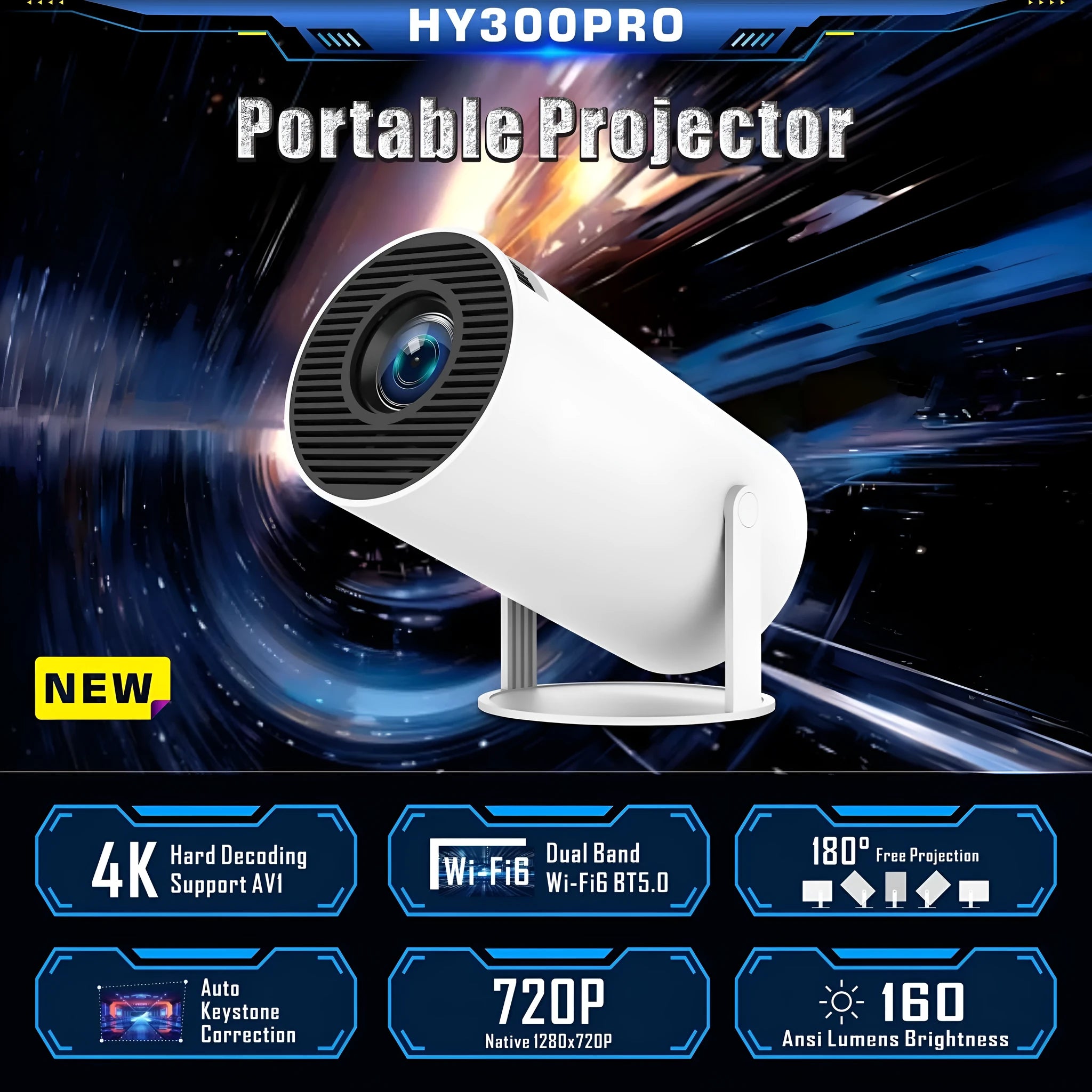 HY300 Pro Android portable projector with 170mm diameter compact design for home entertainment