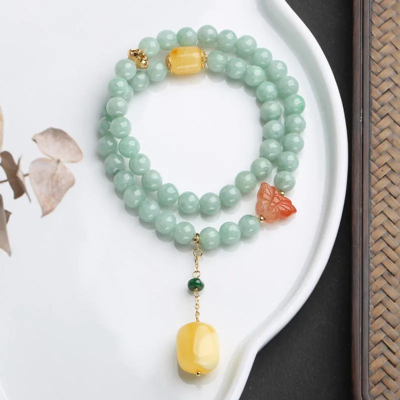 Double-layer women's bracelet with hanging jade beads and geometric beeswax barrel beads