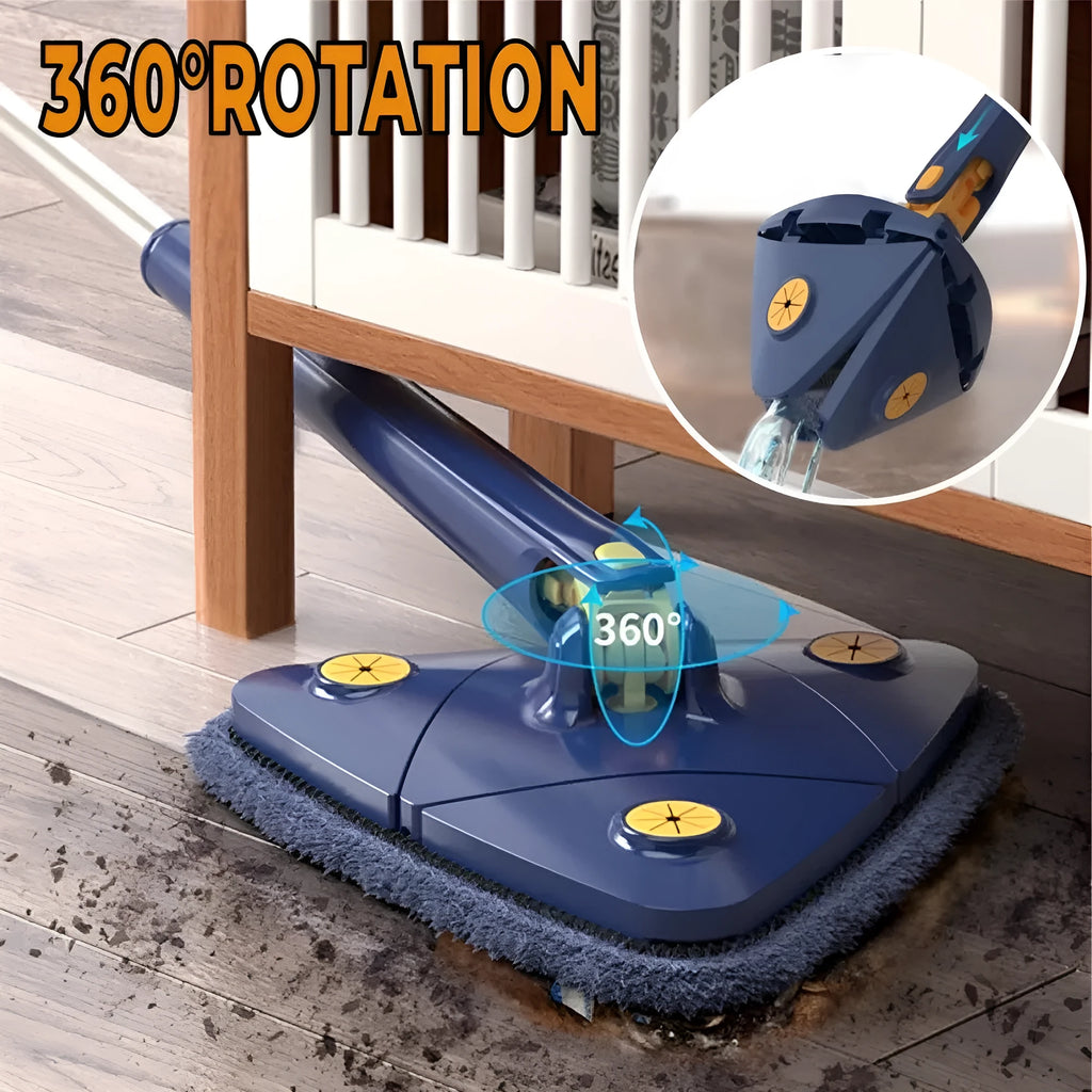 Blue triangle cleaning mop with rotating head and extendable stainless steel pole on tile floor