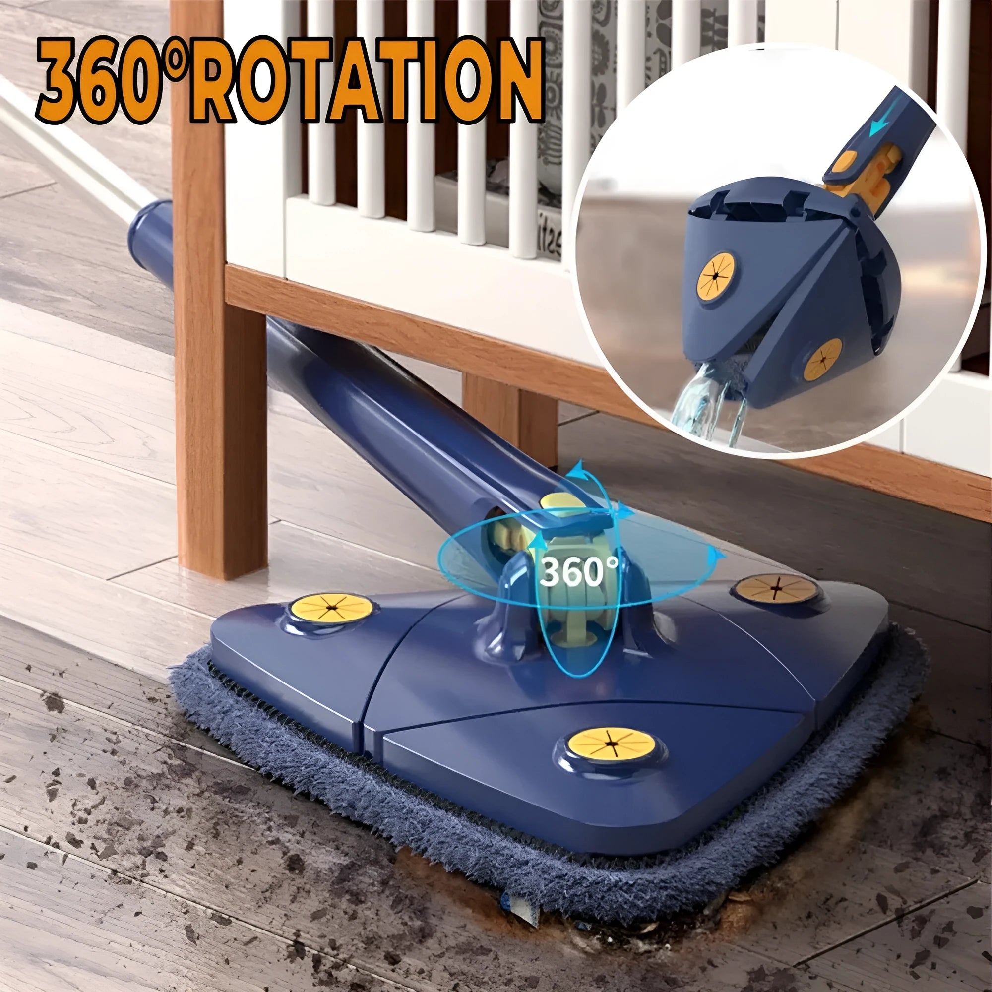 Blue triangle cleaning mop with rotating head and extendable stainless steel pole on tile floor