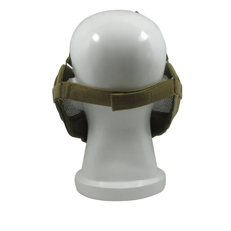 Carbon steel protective face mask in tactical camouflage pattern with head-mounted design for outdoor field defence