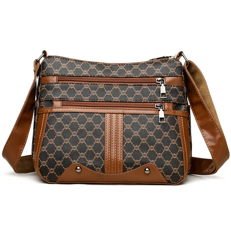 Brown and white large women's crossbody bag with stitching pattern detail