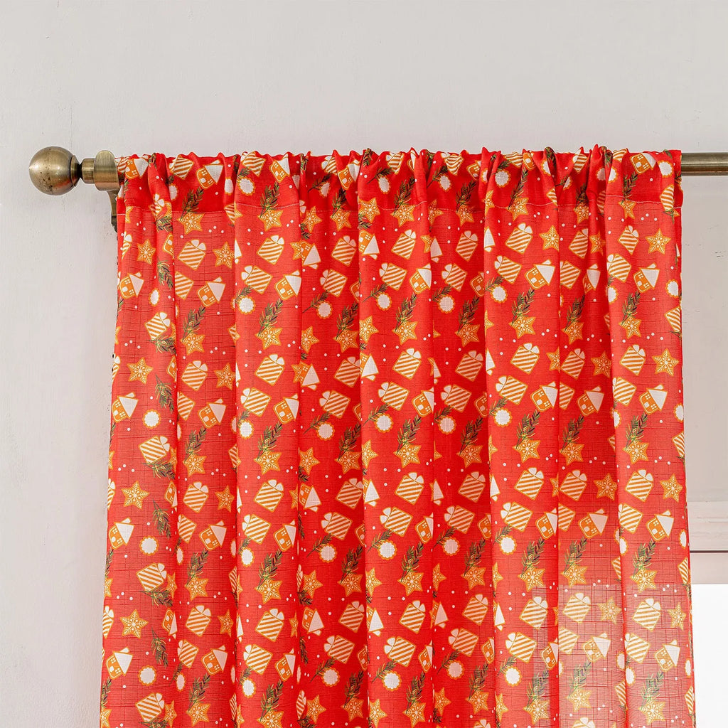 Christmas curtain with snowman angel cartoon print in green or red, 1 metre length