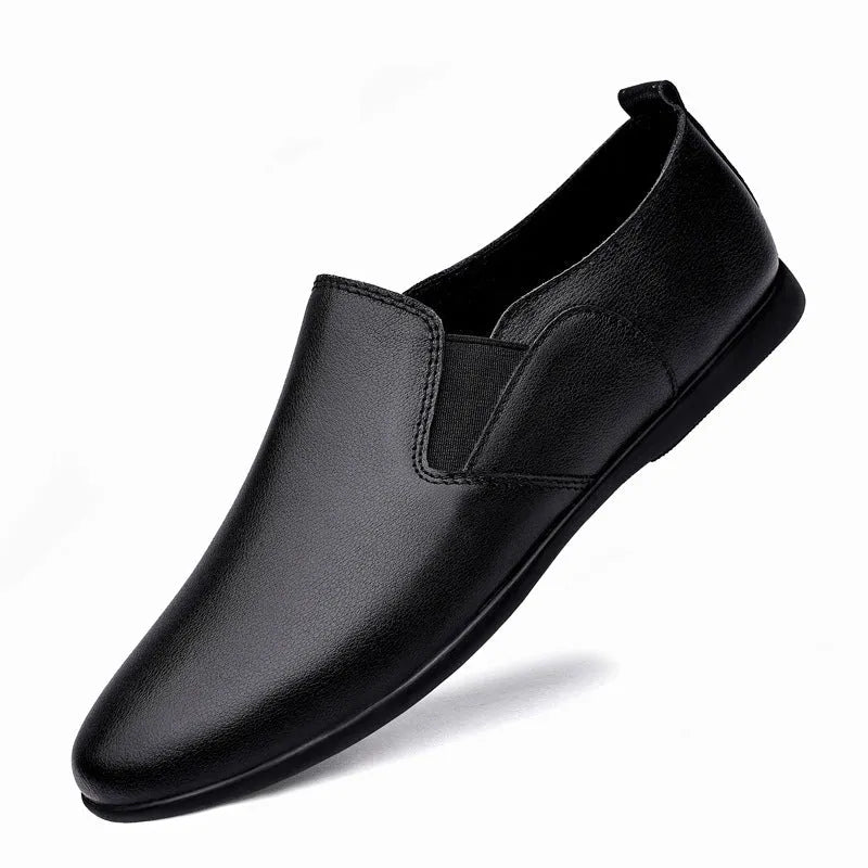Men's black and brown leather business casual shoes with round toe and genuine cowhide upper