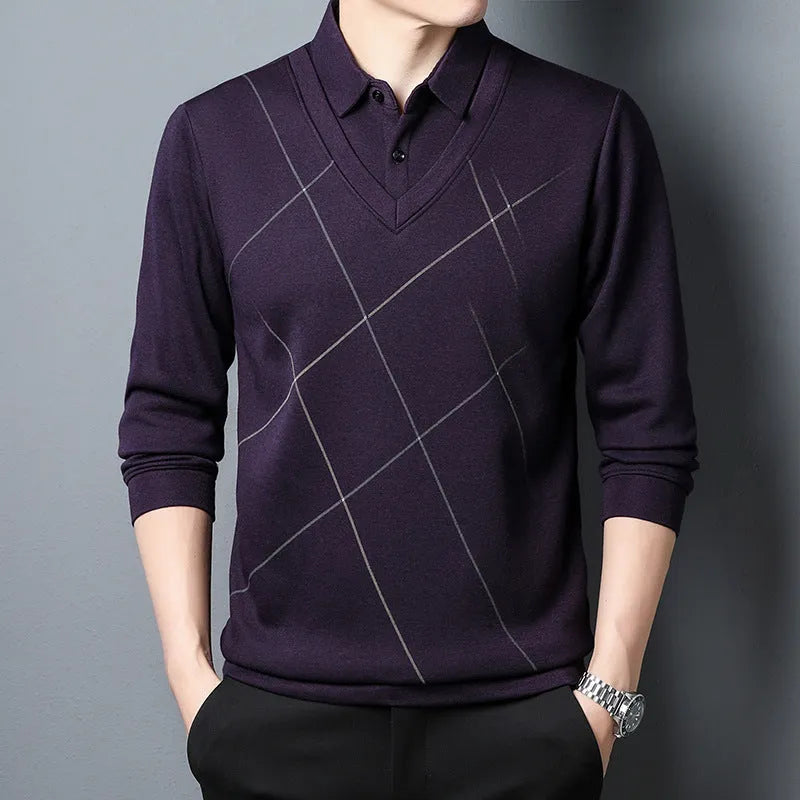 Men's long sleeve fake two pieces plaid T-shirt in gray, regular fit, polyester fibre blend