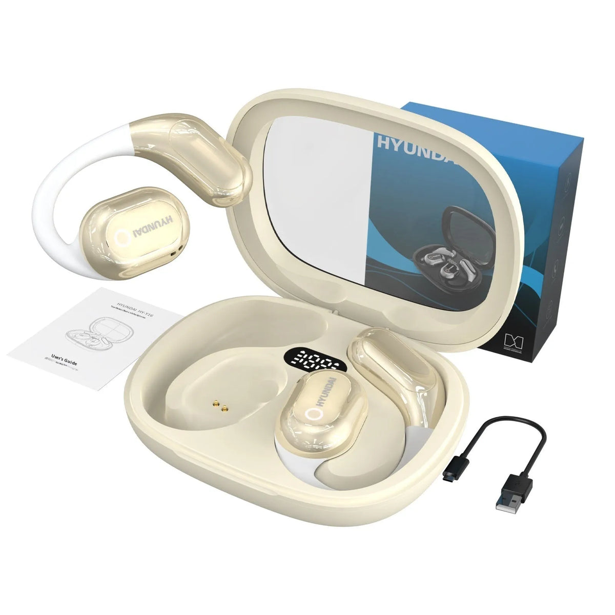 Simultaneous interpretation Bluetooth headset in black with AI translation, noise reduction, ear hook, and charging bin.