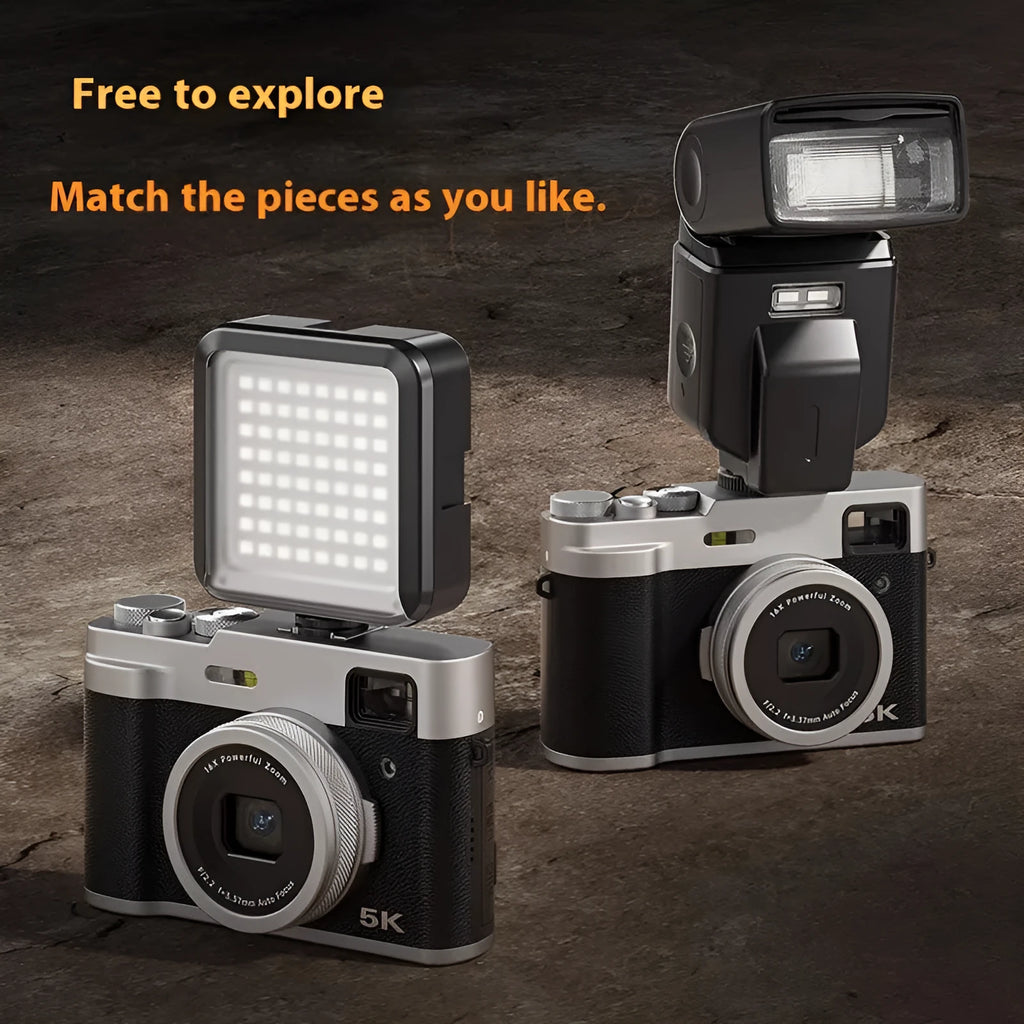 Black 5K digital camera with dual lenses, optical viewfinder, and a 2.88-inch screen on a strap.