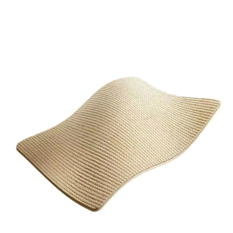 A pastoral-style sisal cat scratch board shown in two available sizes on a wooden floor.
