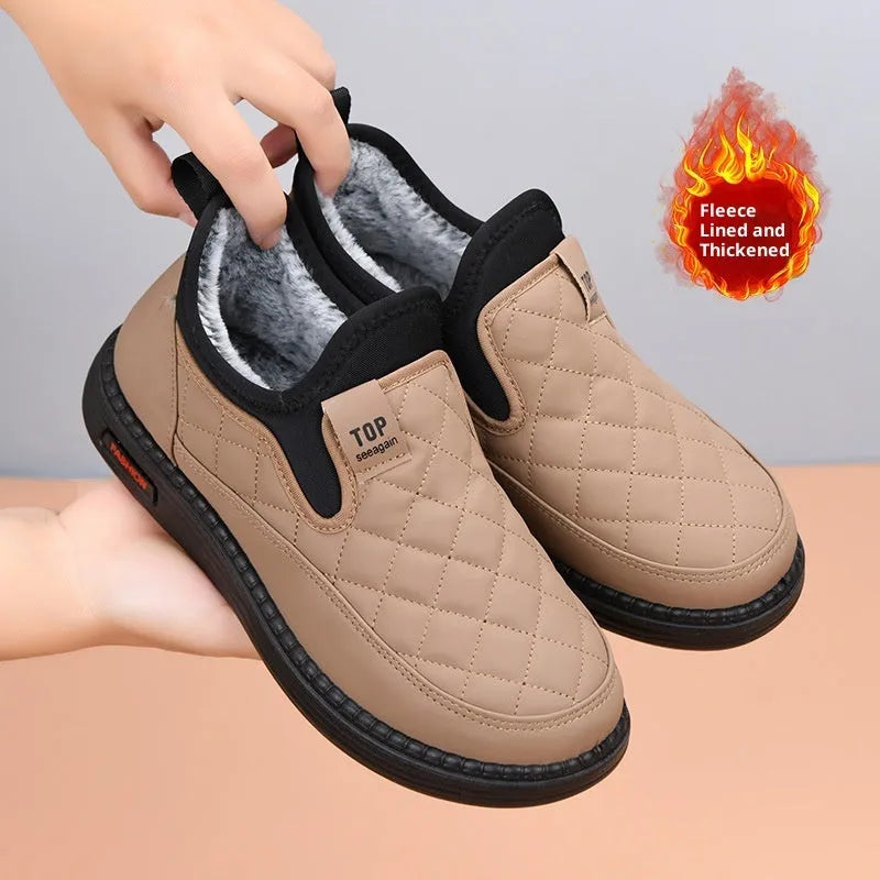 Warm waterproof casual women's shoes in black with flat heel and round toe, artificial PU upper