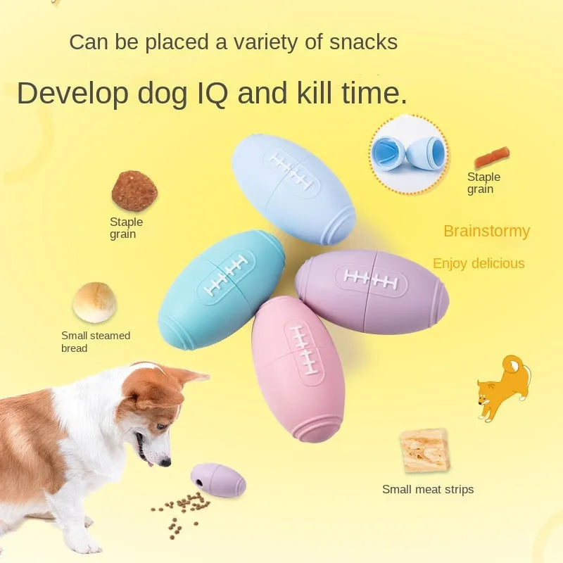 Blue silicone rugby ball dog toy with a hollow centre for holding treats.