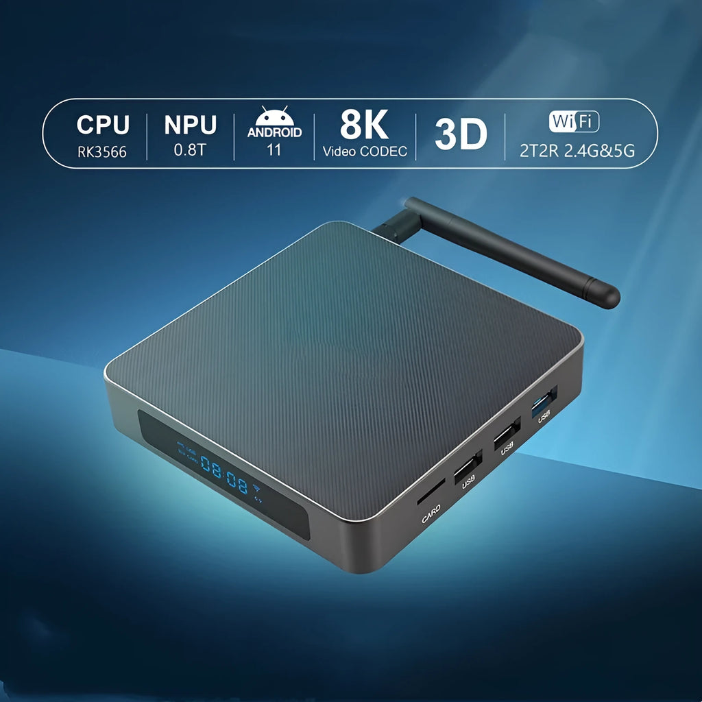 Black Android 8K network set-top box with remote, HDMI cable, and power supply on a wooden surface.