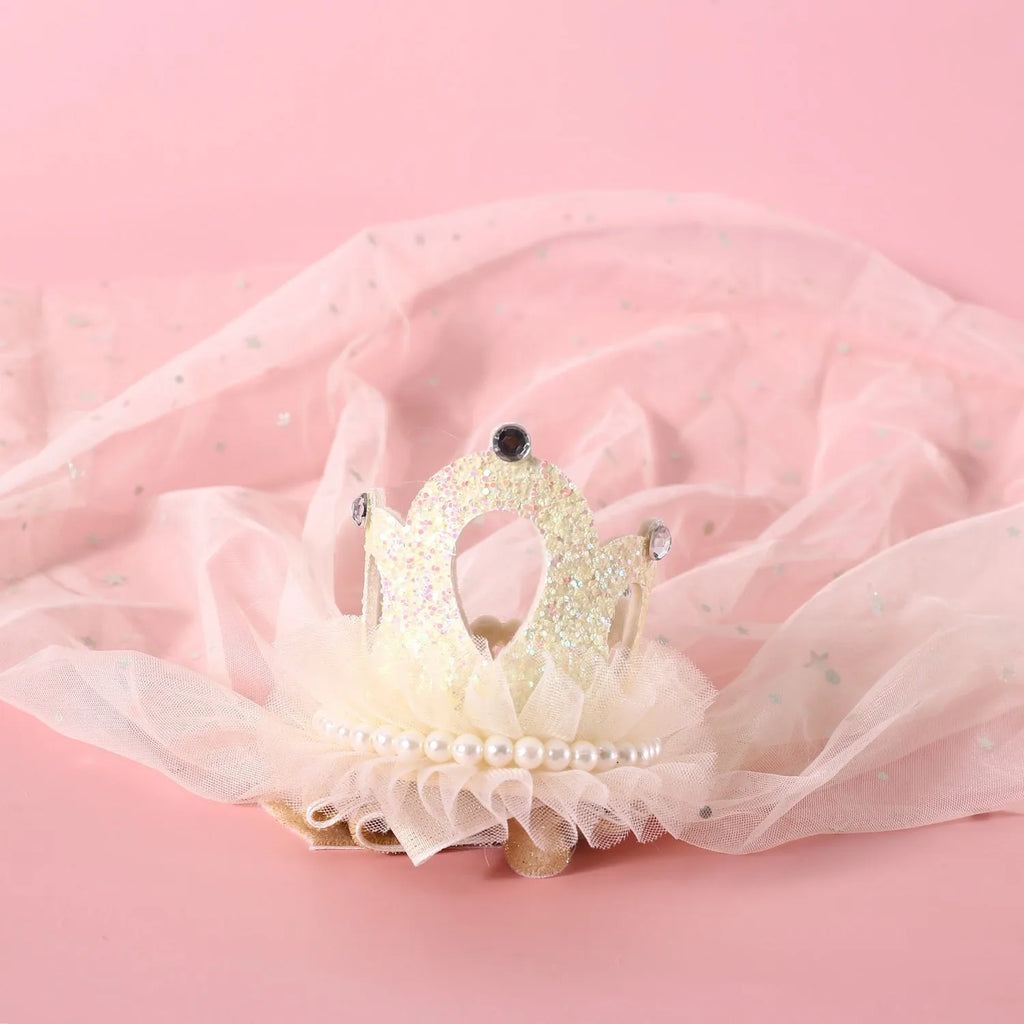 Pet princess crown headdress with veil for cats, available in beige or pink cotton polyester.